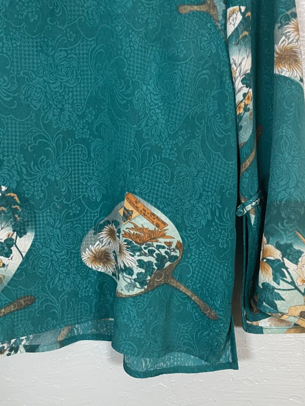 Citron Santa Monica Women M Teal Silk Blouse Hand Mirror Print Mandarin Collar - Picture 2 of 10